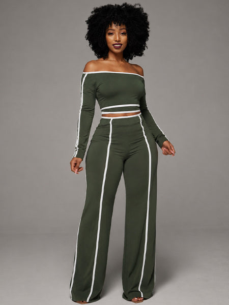 Piping Off-Shoulder Top & Pants Set