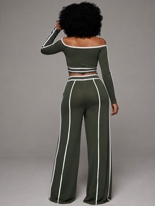 Piping Off-Shoulder Top & Pants Set
