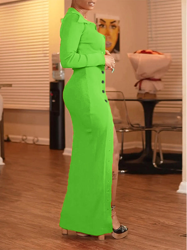 Ribbed Button Slit Dress