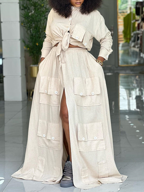 Solid Cargo Shirt & Skirt Set