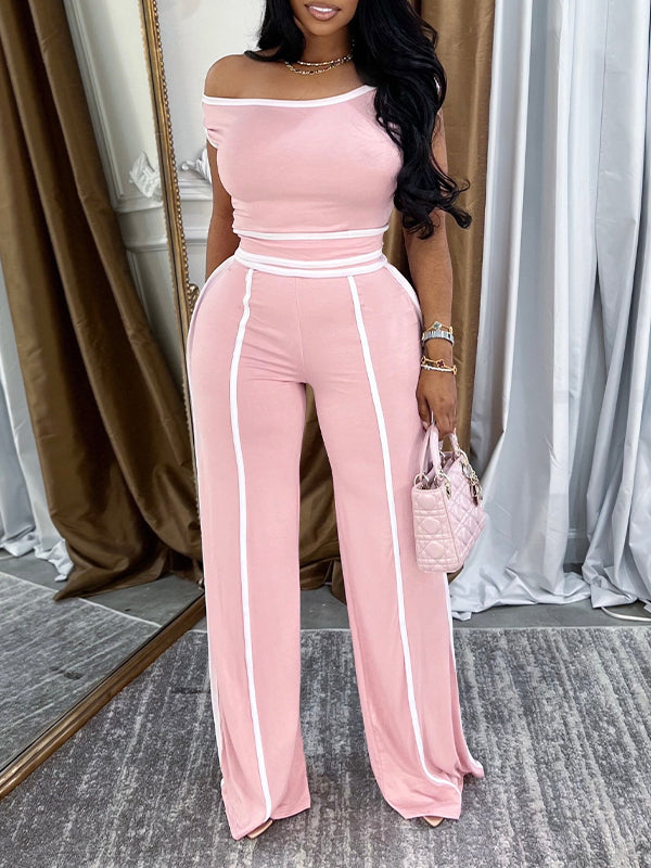 Piping Off-Shoulder Top & Pants Set