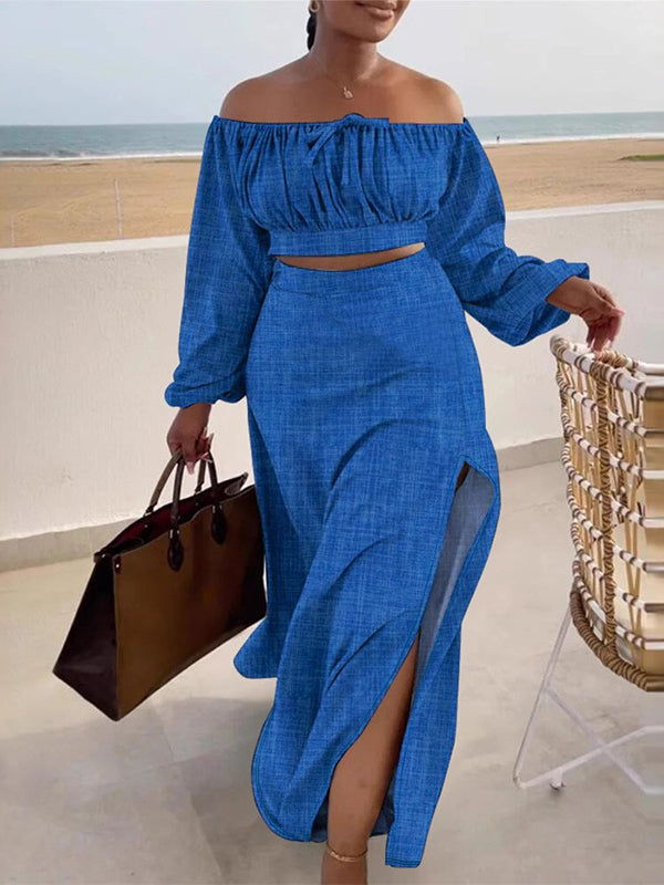 Off-Shoulder Top & Slit Skirt Set
