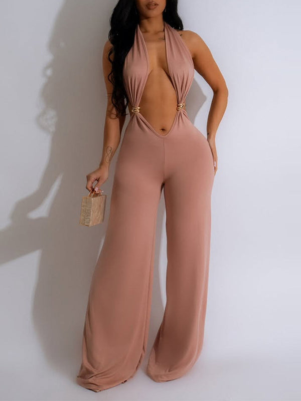 Halter Plunge Wide-Leg Jumpsuit