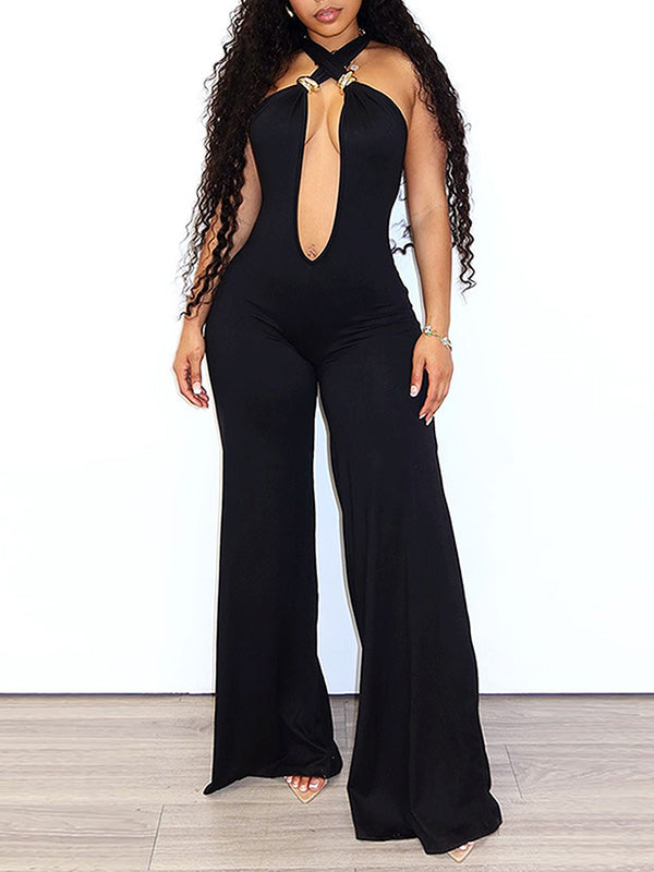 Halter Plunge Wide-Leg Jumpsuit