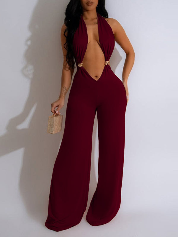 Halter Plunge Wide-Leg Jumpsuit