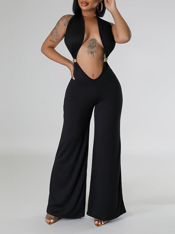 Halter Plunge Wide-Leg Jumpsuit