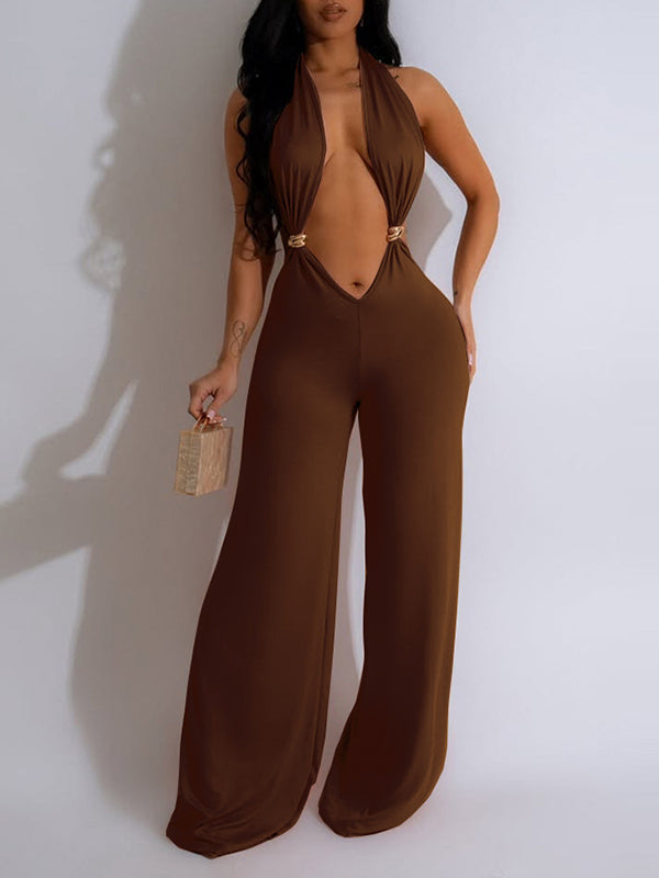 Halter Plunge Wide-Leg Jumpsuit