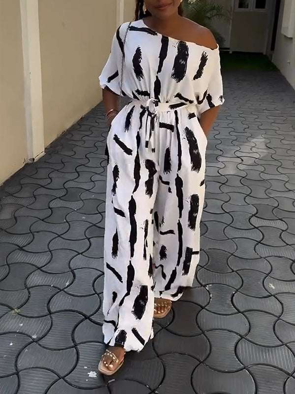 Printed Boat-Neck Wide-Leg Jumpsuit