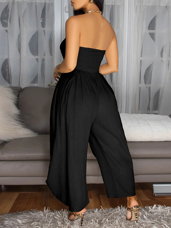 Solid Strapless Tied Wide-Leg Jumpsuit