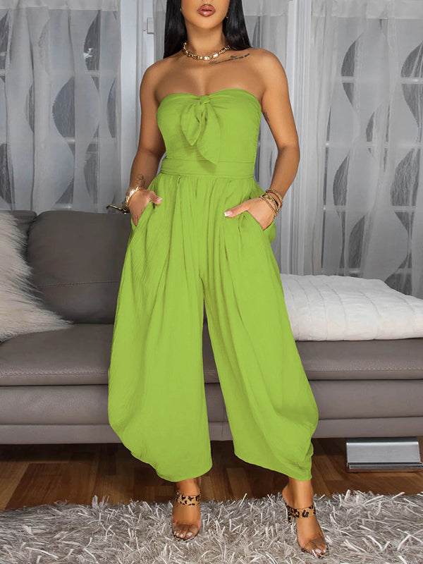 Solid Strapless Tied Wide-Leg Jumpsuit