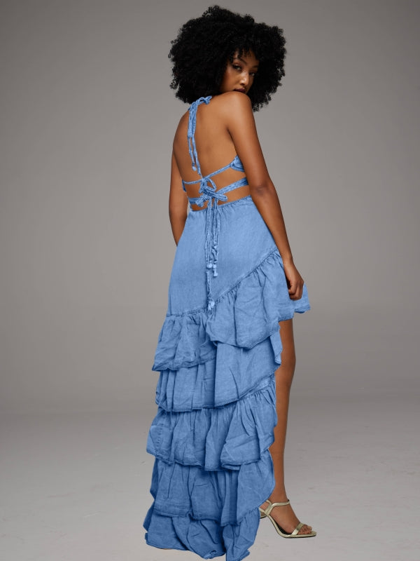 Halter Denim Ruffle Dress