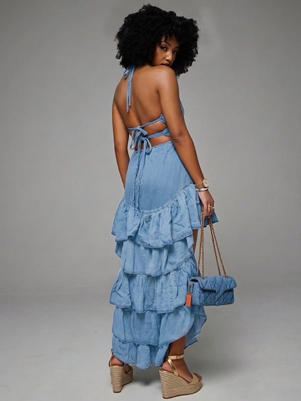 Halter Denim Ruffle Dress