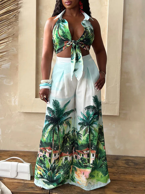 Printed Tied Shirt & Wide Leg Pants Set