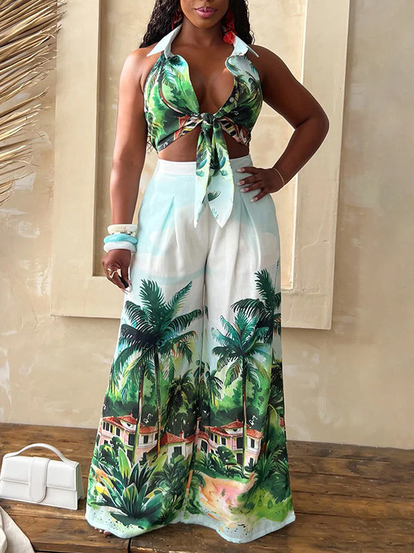Printed Tied Shirt & Wide Leg Pants Set