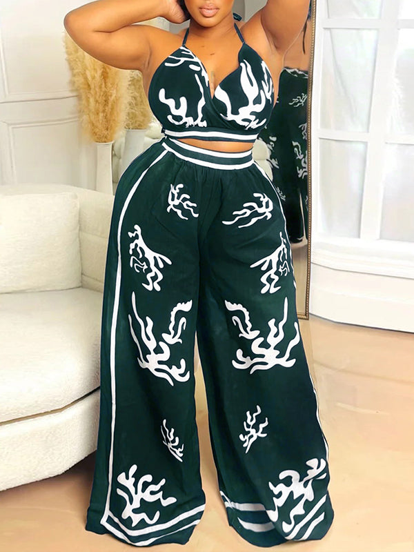 Printed Halter Top & Wide-Leg Pants Set