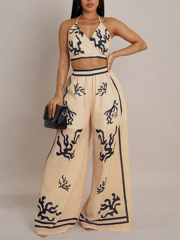 Printed Halter Top & Wide-Leg Pants Set
