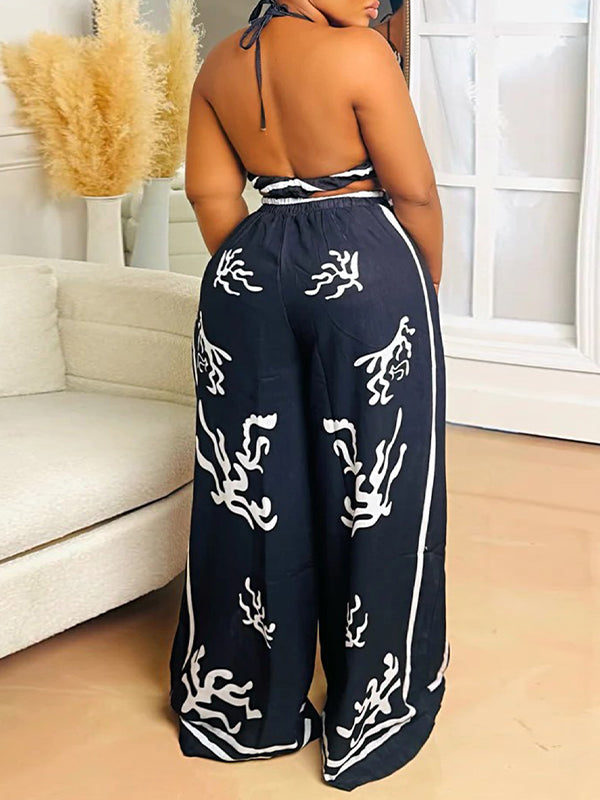 Printed Halter Top & Wide-Leg Pants Set