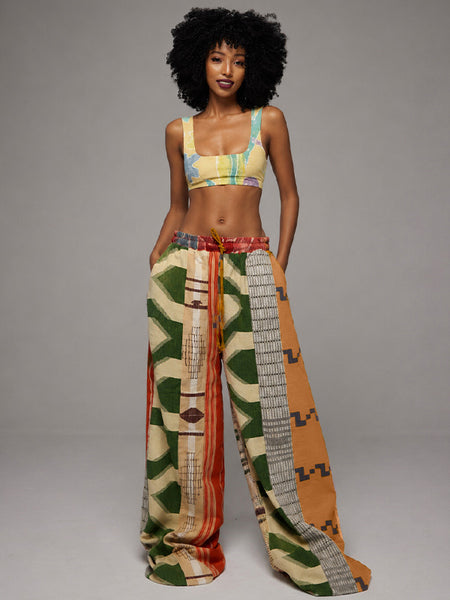 Printed-Combo Wide-Leg Pants
