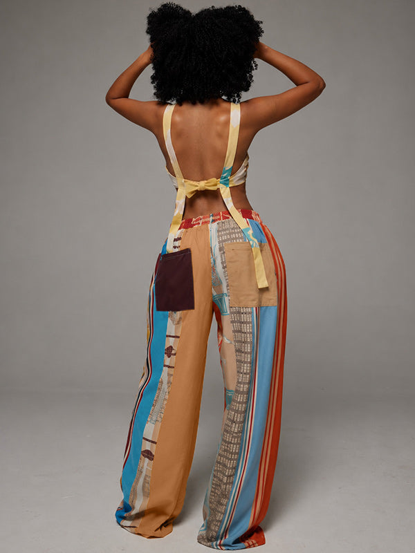 Printed-Combo Wide-Leg Pants