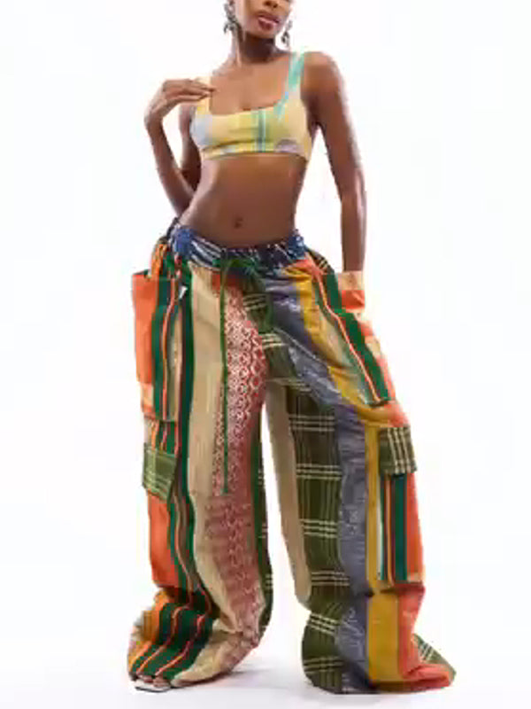 Printed-Combo Wide-Leg Pants