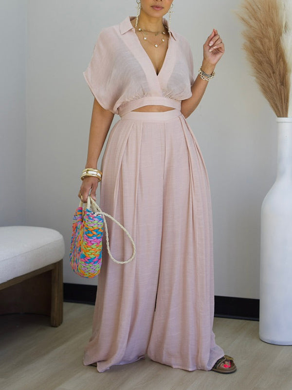 V-Neck Top & Wide-Leg Pants Set