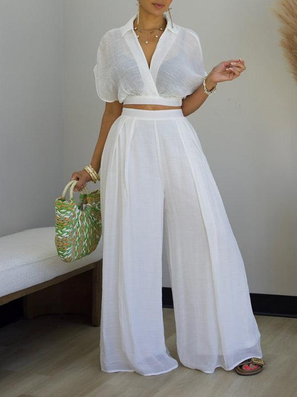 V-Neck Top & Wide-Leg Pants Set