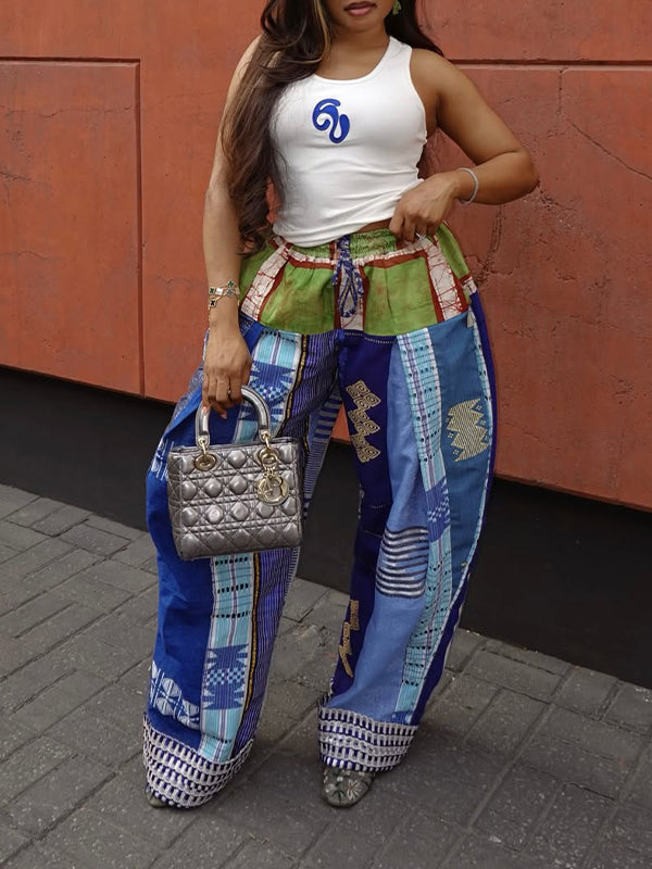 Printed-Combo Wide-Leg Pants