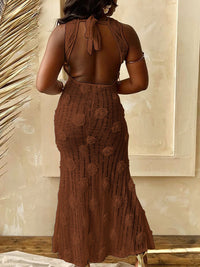 Solid Floral Open-Back Dress