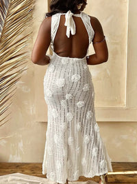 Solid Floral Open-Back Dress