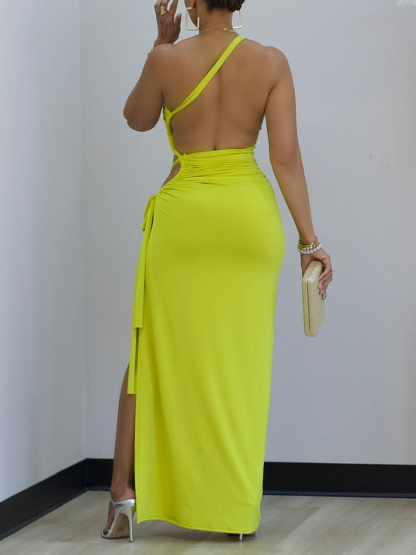 One-Shoulder Drawstring Slit Dress