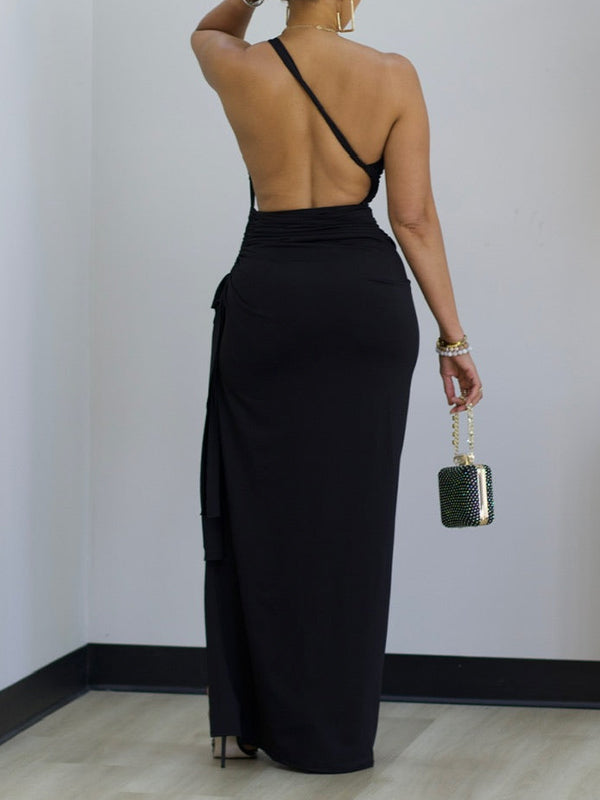 One-Shoulder Drawstring Slit Dress