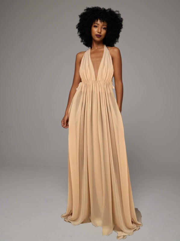 Solid Halter Pleated Maxi Dress