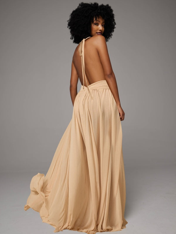 Solid Halter Pleated Maxi Dress