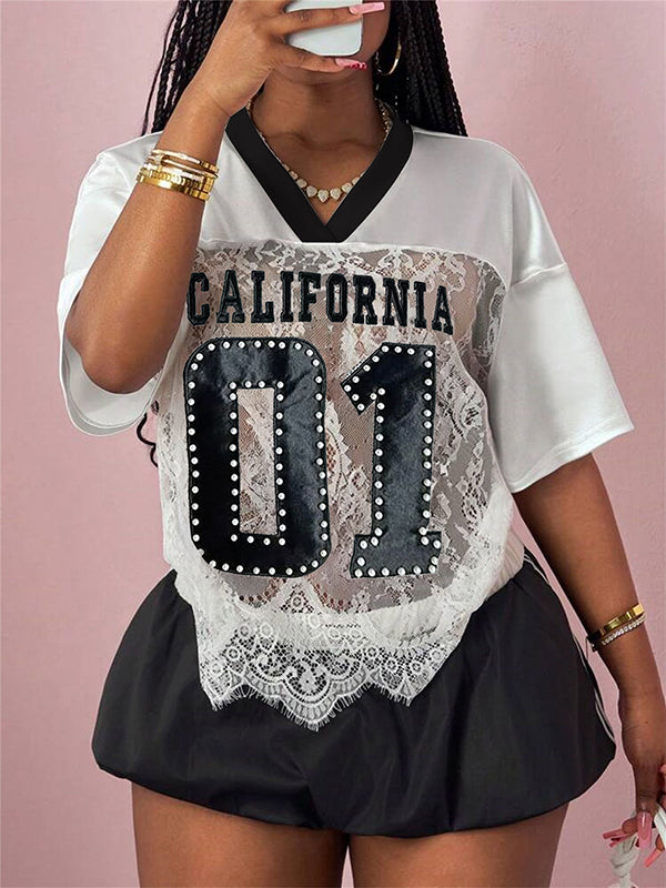 Lace-Combo V-Neck Tee