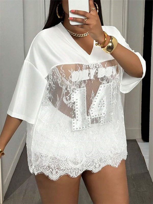 Lace-Combo V-Neck Tee