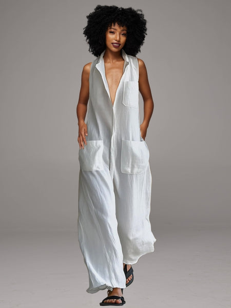 Button-Front Sleeveless Jumpsuit