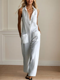 Button-Front Sleeveless Jumpsuit