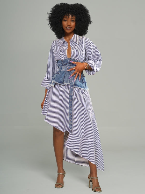 Stripe Shirt Dress with Denim Skirt