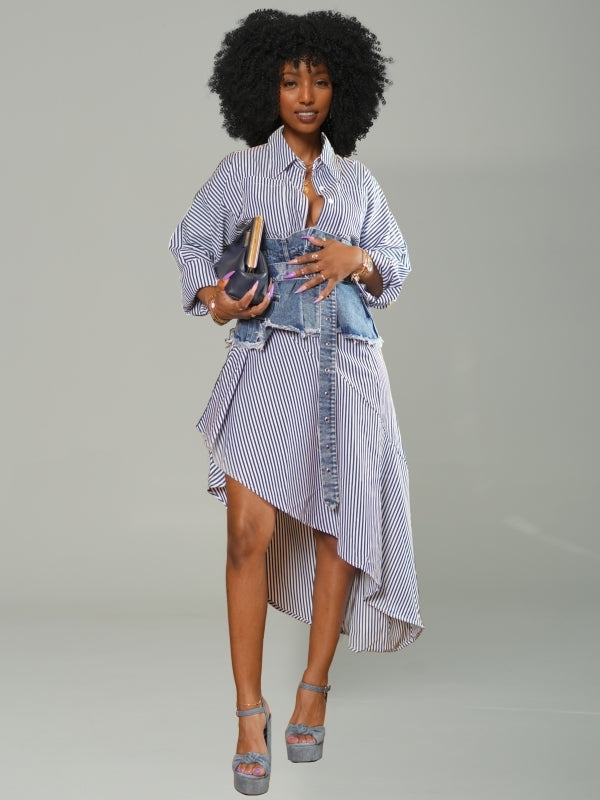 Stripe Shirt Dress with Denim Skirt
