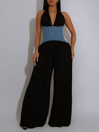 Denim-Combo Wide-Leg Jumpsuit