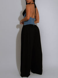 Denim-Combo Wide-Leg Jumpsuit