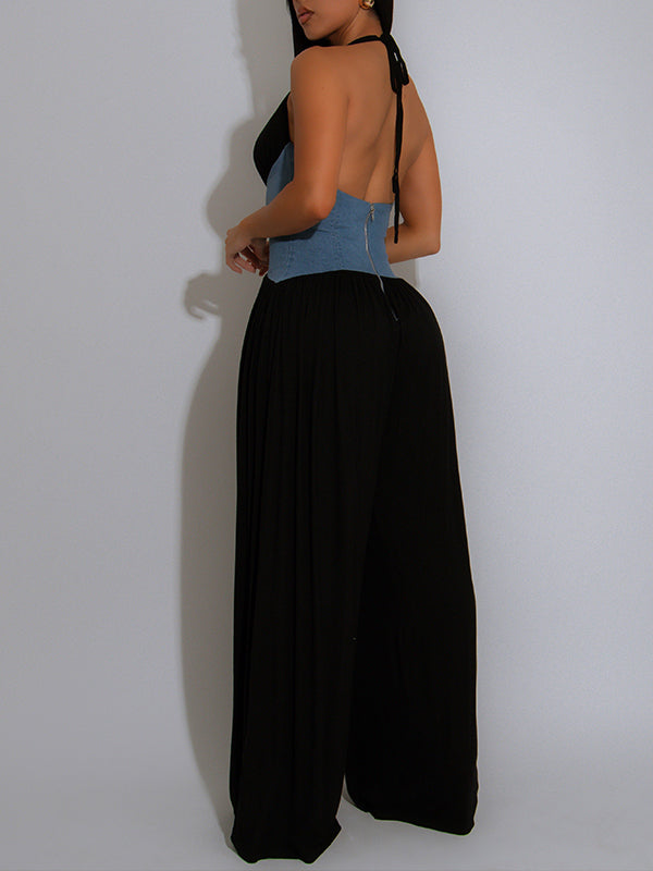Denim-Combo Wide-Leg Jumpsuit