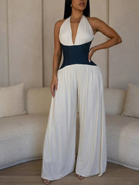 Denim-Combo Wide-Leg Jumpsuit