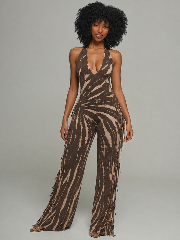 Printed Fringe Halter Jumpsuit