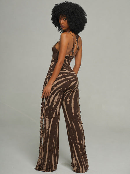 Printed Fringe Halter Jumpsuit