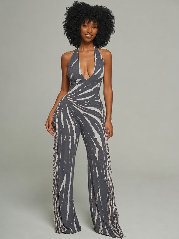 Printed Fringe Halter Jumpsuit