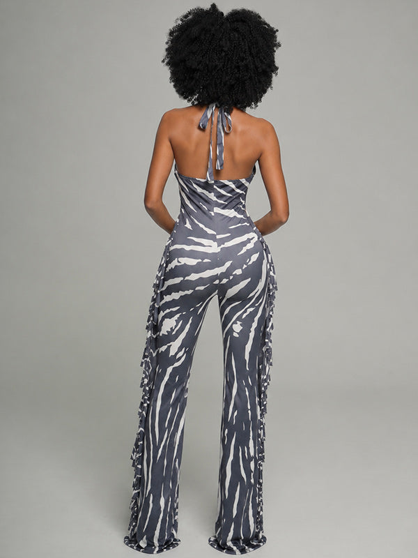 Printed Fringe Halter Jumpsuit