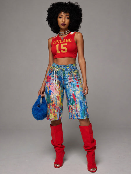 Printed Denim Shorts
