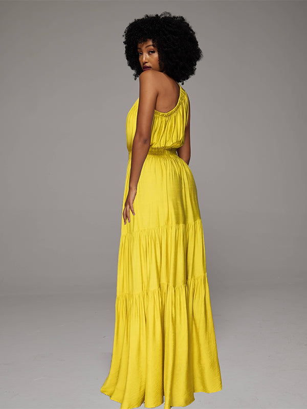 Solid One-Shoulder Ruffle Dress