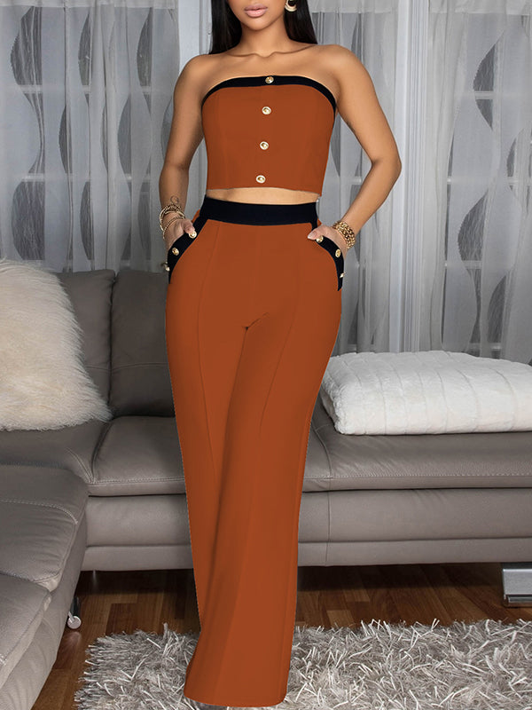 Two-Tone Button Tube Top & Pants Set